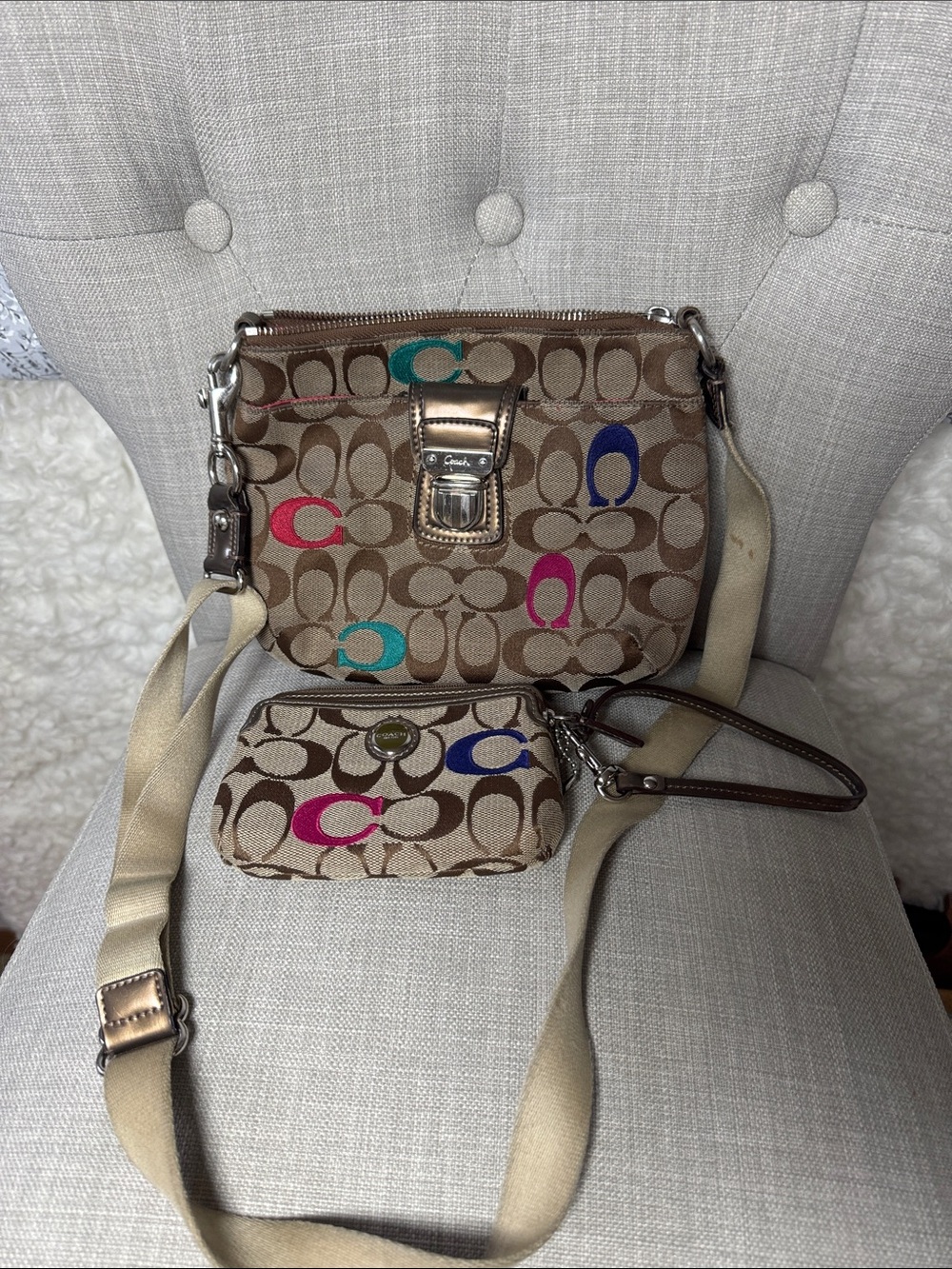 Coach Khaki Signature Crossbody with Multicolor 'C' Accents